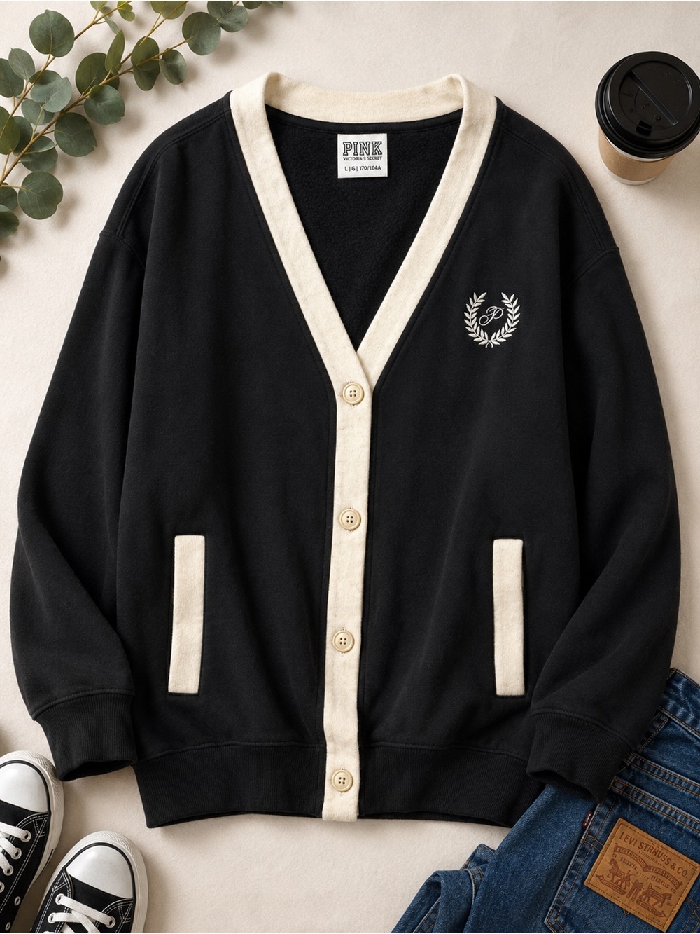 PINK Victoria's Secret Black Cardigan with Cream Trim